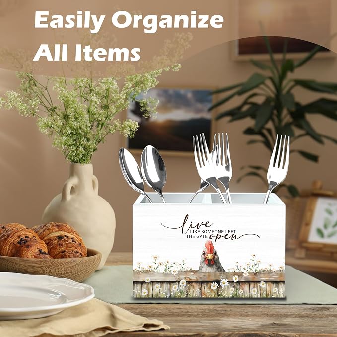 DILSJ Inspirational Chicken 2 Compartment Pen Pencil Holder Organizer for Desk, Chicken Lovers Gifts for Women, Live Like Someone Left The Gate Open Wooden Box Signs for Home Office & School Supplies