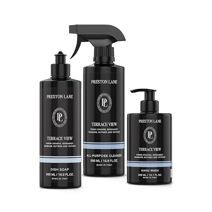 Preston Lane Luxury Kitchen Set – Hand Wash, Dish Soap & All-Purpose Cleaner | Plant-Powered Cleaning Essentials Bundle with Fine Italian Fragrance, Highrise Scent