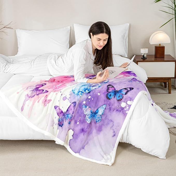 Feelyou Girls Watercolor Butterfly Fleece Throw Blanket Queen 90"x90" Kids Pink Purple Sherpa Blanket Plush Fuzzy for Bed Couch Chair Living Room, Girly Bed Blanket Room Decor