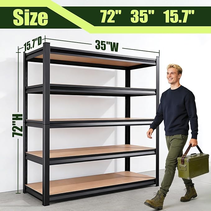 2000LBS Garage Shelving, Heavy Duty Garage Shelves, Adjustable Metal Shelving Unit, Easy Assembly Garage Storage Shelves, Storage Rack Shelf for Garage, Basement,72" H x 35.4" W x 15.7" D