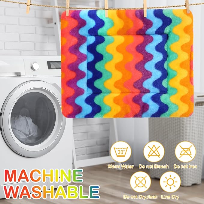 Haull 4 Pcs Waterproof Guinea Pig Bedding Soft Dog Cat Bed Crate Mat Small Animal Plush Cage Liners Rabbit Bunny Kennel Pad Reversible Cozy Pee Thickened Hamster Pad(Rainbow,13 x 10 Inch)