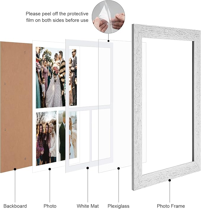 11x16 Picture Frame Display 3 opening Picture Frame 5x7 and 8x10 Collage,Multi Photo Frame with Mat,Plexiglass,Horizontal and Vertical Formats for Wall Decor,Distressed White Wood Grain