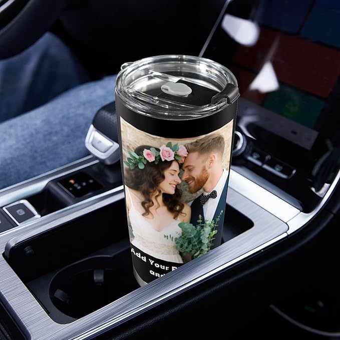 Personalized Coffee Tumbler with Pictures Text Logo Name, Custom Stainless Steel Tumbler with Lid and Straw, Customized Coffee Travel Mug Cups, 20oz Water Cups Birthday Gifts for Women Men Office Car