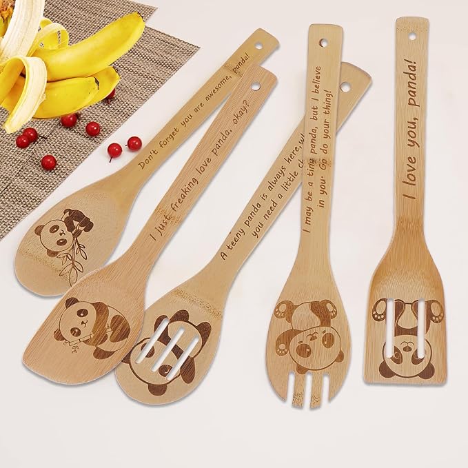 5PCS Panda Wooden Cooking Spoons Set Bamboo Cooking Spoons | Panda Kitchen Decor Housewarming Wedding Anniversary Thanksgiving Christmas for Mom Women Animal Lovers