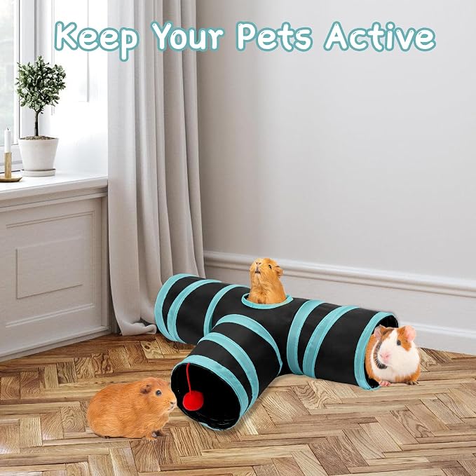 Rypet Guinea Pig Tunnel Hideout 3-Way Collapsible Pet Tubes, Blue Black | 3 Way Design for Exploration, Collapsible for Easy Storage, Built-in Play Ball, Hiding & Resting for Hamsters Ferrets
