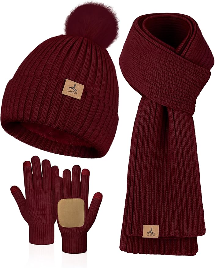 LOROME Women Winter Beanie Hat Scarf Gloves Set, Fleece Knitted Pompom Hat Warm Neck Scarf Touchscreen Gloves Winter Gift