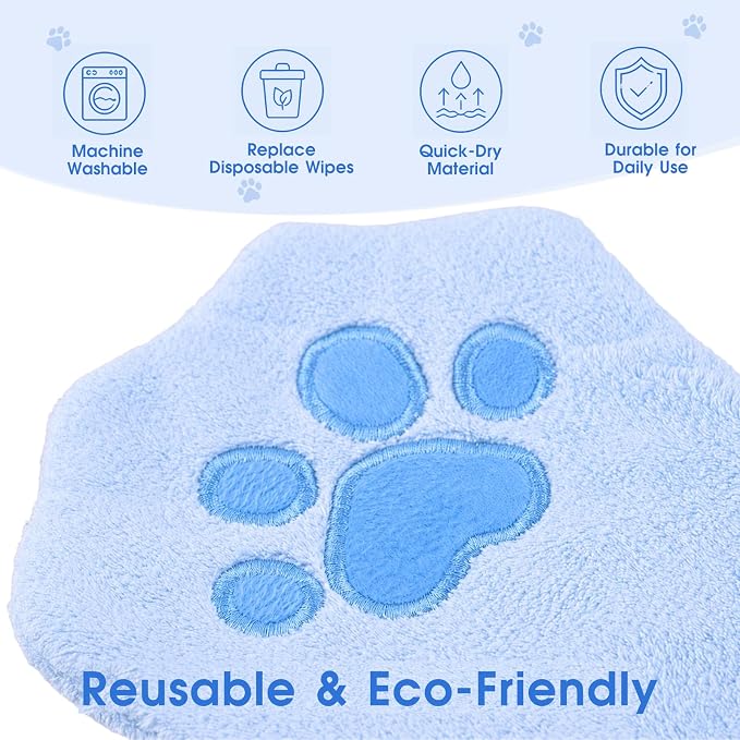 A Pair of Microfiber Reusable Pet Grooming Towel Gloves, Machine-Washable Double-Sided Bath Mitts, Dirt & Odor Removal Cleaner for Dog and Cat Paws & Coat (Blue)