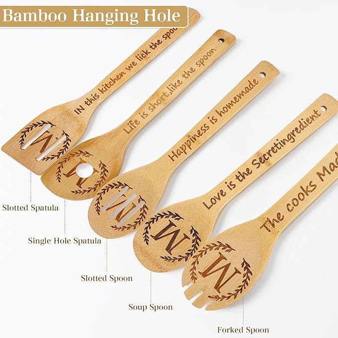 5PCS Initial Wooden Cooking Spoons Initial Letter Kitchen Decor Gifts Personalized Monogrammed Birthday Gifts for Women Mom Friend Housewarming Wedding Bamboo Cooking Spoons