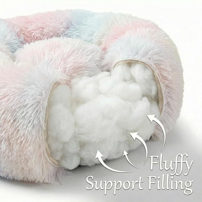 Tiny Dog Bed for Extra Small Dogs for Chihuahua Pomeranian Toy Poodle | 15 Inch Washable Puppy Bed,Soft Faux Fur Calming Donut Bed,Rainbow