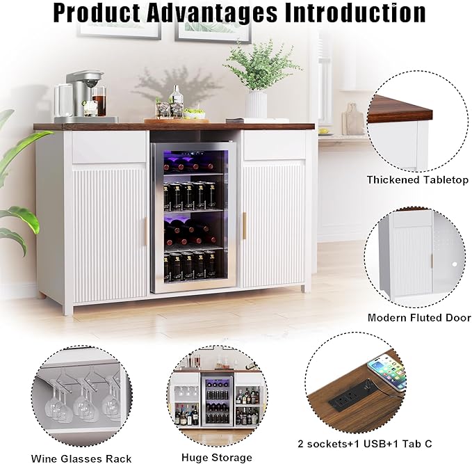 GDLF Large Coffee Bar Cabinet with Fridge Space, Mini Fridge Cabinet with Wine Storage, Buffet Sideboard Table for Home, Fluted Modern Design,53.2" L，White