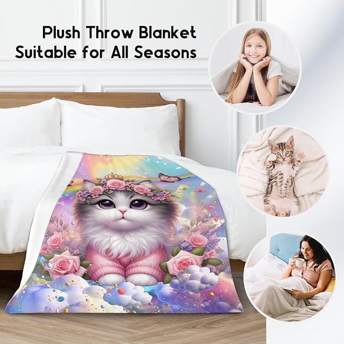 Kids Blankets Blanket with Cat - 50x60 Inches Cozy Soft Flannel Throw Gifts for Couch, Bedroom