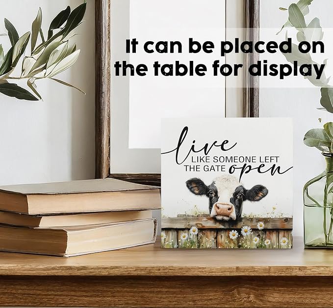 Cow Signs - Farm Cottagecore Animal Office Kitchen Bedroom Decor,Rustic Farmhouse Live like Someone Left the Gate Open Home Decor Wooden Signs,Cow Gifts for Women,8x8
