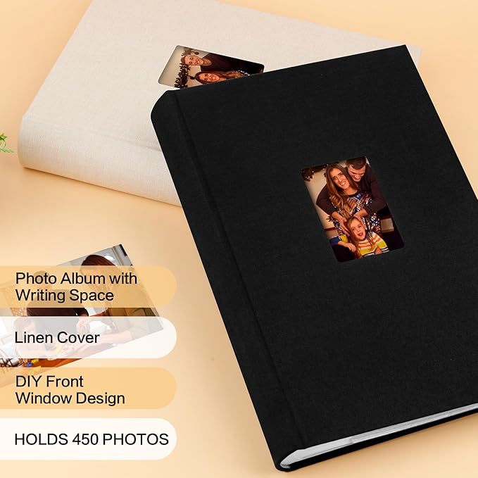 XFveivoo Photo Album 4x6 450 Photos with Writing Space,4 x 6 Photo Book Linen Cover with Front Window, 4x6 Picture Album 450 Photos Photo Album Book for Wedding Kids Travel Family Baby Pictures, Black