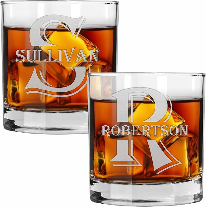 Blue Ridge Mountain Gifts - Custom Engraved Whiskey Glass - 11 oz Old Fashioned Tumbler - Personalized Monogram with Last Name - Wedding, Groomsmen, Father's Day & Birthday Gift for Men (2)