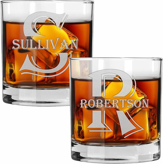Blue Ridge Mountain Gifts - Custom Engraved Whiskey Glass - 11 oz Old Fashioned Tumbler - Personalized Monogram with Last Name - Wedding, Groomsmen, Father's Day & Birthday Gift for Men (2)