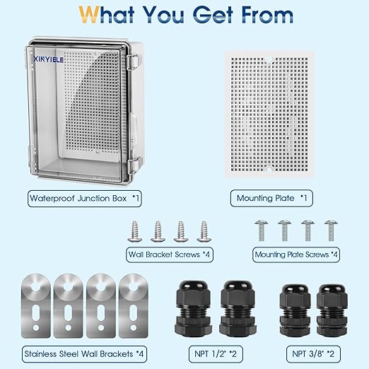 Waterproof Outdoor Project ABS Plastic Junction Box IP67 Weatherproof Dustproof Enclosure with Hinged Cover, Mounting Plate,Wall Brackets for Power Project (Clear,8.7"X6.7"X4.5")