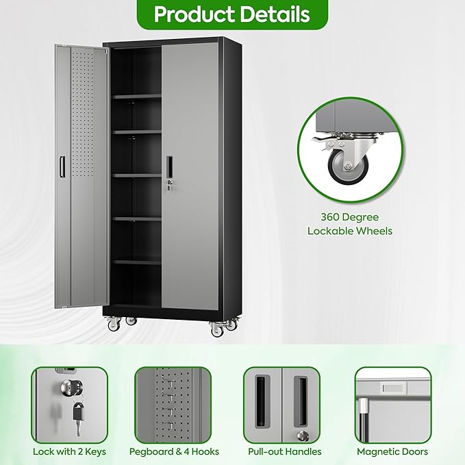 71" H Metal Garage Storage Cabinet with Wheels，Steel Storage Cabinet with Door,5 Adjustable Shelves and Pegboard for Garage Home,Required Assembly,Black &Dark Grey