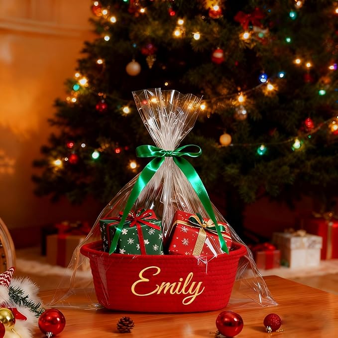 HUTARIO Personalized Woven Christmas Burr Basket Embroidered Name with Gift Bags and Ribbons,Empty Small Rope Basket，Durable Storage Custom Red Basket with Handles for Baby Showers,12"×8"×5"