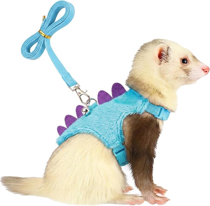 Ferret Harness and Leash Set Small Animals Vest Harness with Safe Bell Dinosaur Shaped Leash Set for Baby Rabbit Guinea Pig Teacup Chihuahua Mouse and Other Small Pet (Blue)