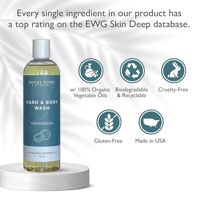 SoCal Suds & Company - 12oz Organic Soap Liquid, Gentle Hand & Body Wash, Body Wash for Men and Women, Made w/Organic Oils & Coconut Oil, Bath Essentials for All Skin Types - 2pk Fragrance-Free