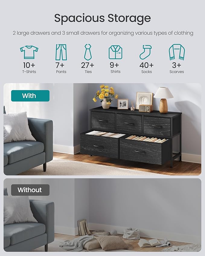 SONGMICS BELLAH Collection - Dresser for Bedroom, Chest of Drawers, Storage Organizer Unit, Closet, Entryway, Steel, 5 Drawers, Modern, Ebony Black ULGS322BE02S