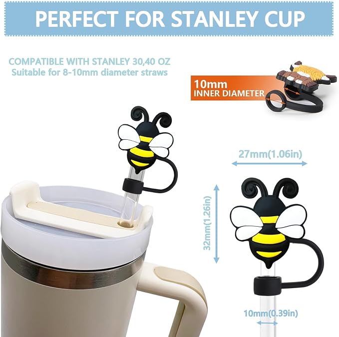 Animal Straw Toppers For Stanley Cups;Straw Covers Cap Toppers Compatible With Stanley 30&40 Oz Tumbler, Reusable & Silicone Tumbler Straws Topper For 0.4 Inch Tips Animal Lover Gifts (Bee)
