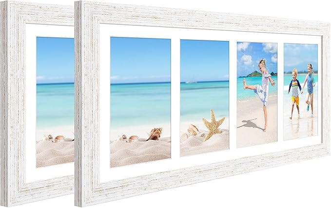 7x17 Collage frame with 4 Openings 4X6 Pictures, Multiple Picture Frame with Mat, Wall or Tabletop Decor, White Wood Grain,2 Pack