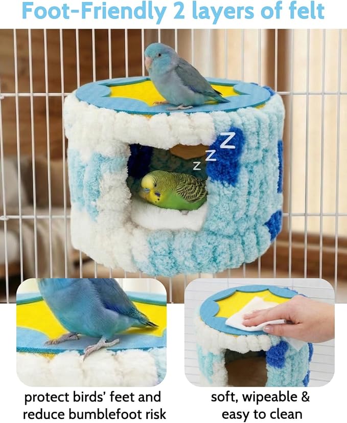 Bird Nest for Cage with Support Frame & Pad, Foot-Friendly Felt | Safe Hideout, Warm Bird Bed for Parakeets Lovebird Budgies, Winter Plush Coral Fleece Hammock Hut, Soft Washable Cozy House