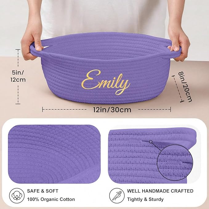 HUTARIO Personalized Woven Basket Embroidered Name with Gift Bags and Ribbons,Empty Small Rope Basket，Durable Storage Custom Purple Basket with Handles for Baby Showers,12"×8"×5"