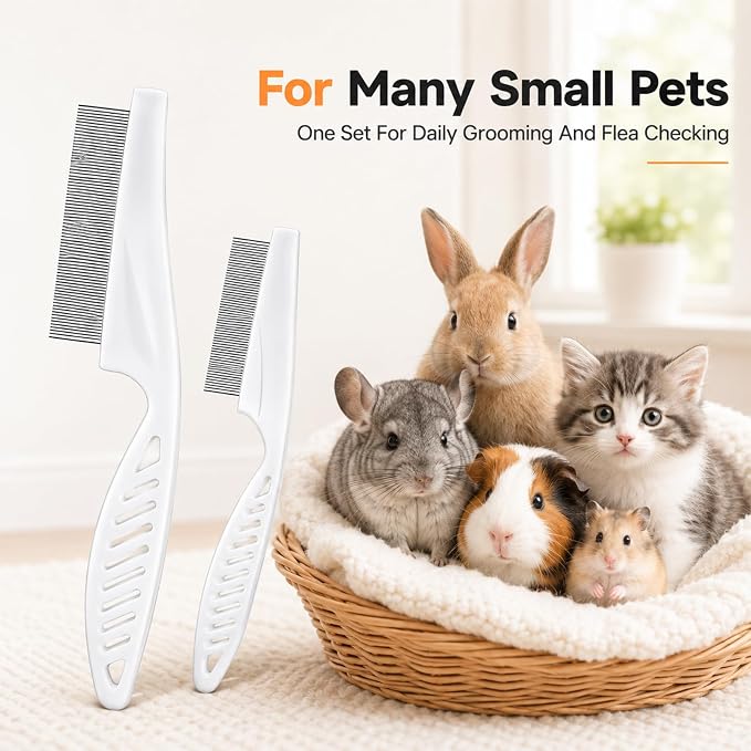 2Pcs Flea Combs, Fine Tooth Rabbit Brush Stainless Steel Bunny Brush | Rounded Teeth, for Grooming, Guinea Pigs, Cats, Dogs, Chinchillas, Ferrets and Rabbits