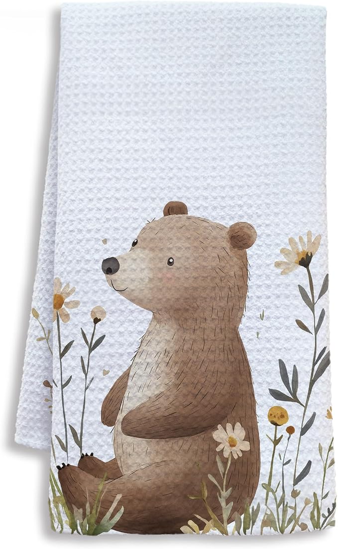 Bear Gifts Kitchen Towels, Gifts for Bear Lovers Dish Tea Towels for Kitchen, Cute Wild Animal Floral Botanical Decorative Hand Towel for Kids Bathroom Decor, 16x24 Inch