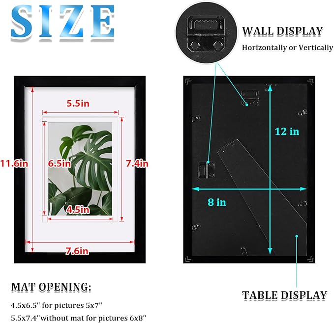 Egofine 8x12 Picture Frames Set of 4, Made of Solid Wood Covered by Plexiglass 5x7 and 6x8 with Mat or 8x12 without Mat, for Table Top Display and Wall Mounting Photo Frame Black