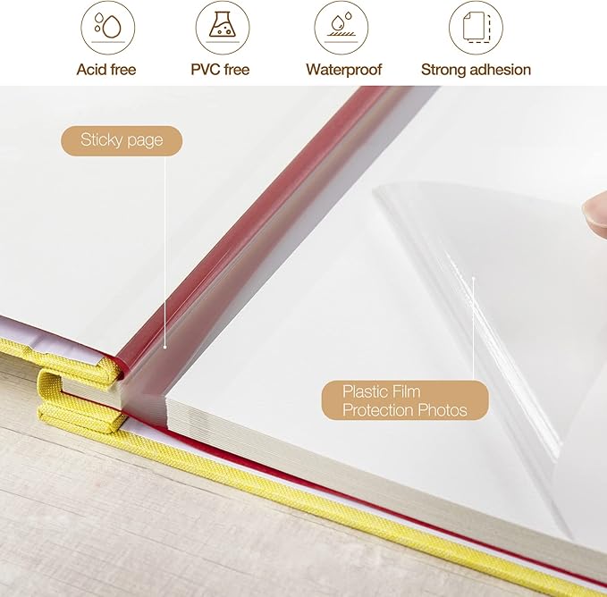 potricher Large Photo Album Self Adhesive 3x5 4x6 5x7 8x10 Pictures Linen Cover 40 Blank Pages Magnetic DIY Scrapbook Album with A Metallic Pen (Yellow, 13.2x12.8 inches 40 Pages)
