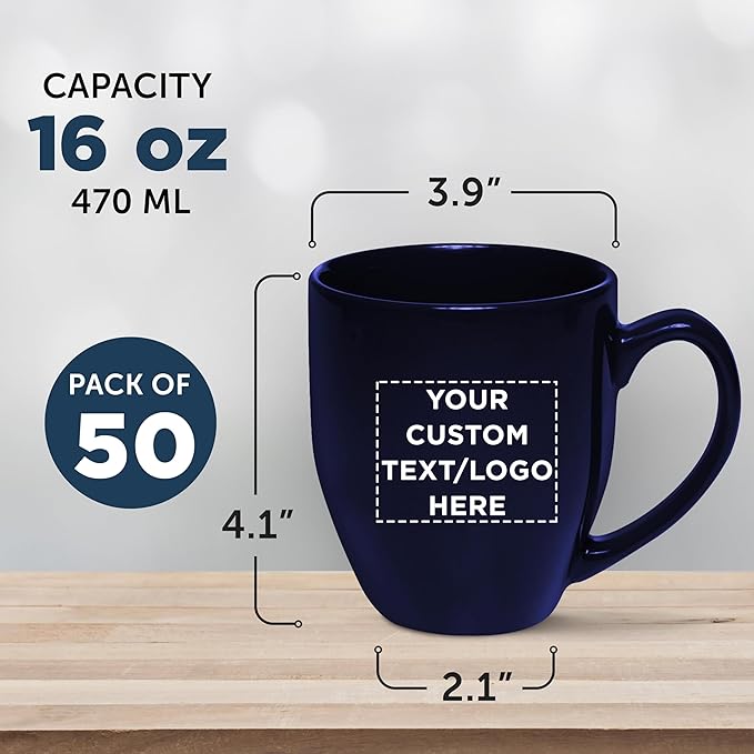 Custom Large Coffee Cups 16 oz. Set of 50, Personalized Bulk Pack - Perfect for Tea, Espresso, Cappuccino, Hot Cocoa - Blue