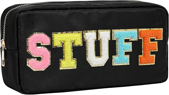 DYSHAYEN Nylon Cosmetic Bag Preppy Makeup Stuff Bag for Women Travel Toiletry Organizer with Chenille Letter Patches (Black-STUFF)