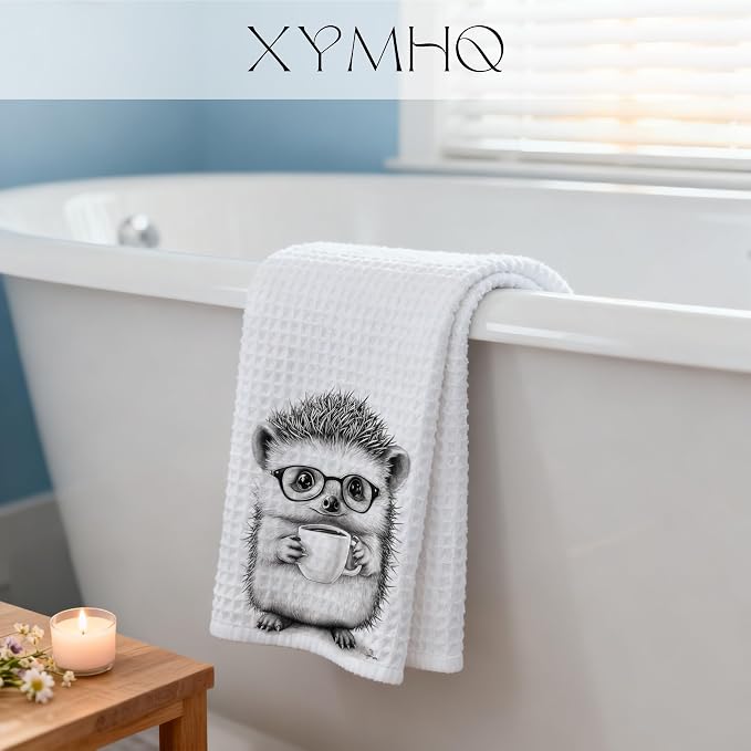 Funny Hedgehog Gift Kitchen Towel, Cute Hedgie with Glasses Drinking Coffee, Woodland Animal Decor, Coffee Bar Accessories, Hedgehog Lover Gift, Humorous Dish Towel, 16x24 Inch