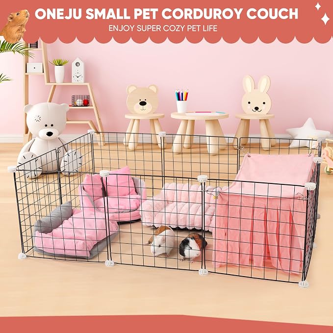 Guinea Pig Couch - Fluffy Small Pet Sofa with with Two Removable Washable Covers, Guinea Pig Bed with Stuffed Arms and Back, Super Cozy Corduroy Fleece, Pink and Dark Gray Respectively