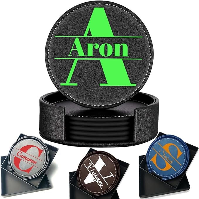 Custom Name Coasters, Personalized Set of 5 Leather Coaster with Holder Gift Box, Customize Split Letter Monogram, Non-Slip Heat Resistant Waterproof for Coffee Table Bar Beer Wine Cup Wedding Party