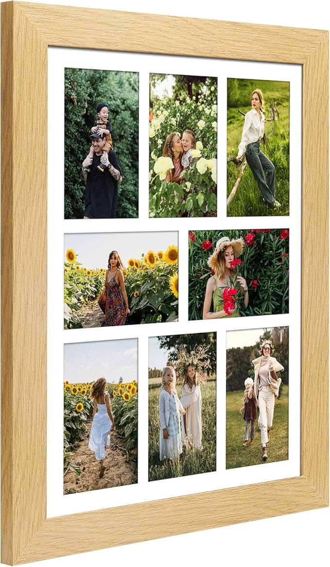 13x17 Picture Frame Display 8 opening 4X6 Picture Frame Collage,Multi Photo Frame with Mat,Plexiglass,Wall or Tabletop Decor,Natural Wood Grain