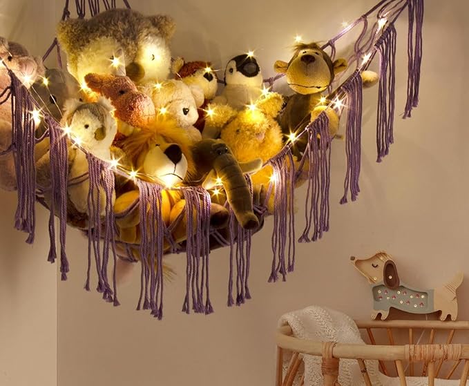 RelaxScene Stuffed Animal Storage Hammock Corner X-Large with LED Light - Baby Hammock Hanging Holder Plushies Net for Stuff Animals Organizer - Cute Room Decor Aesthetic Kids Toddler Nursery Bedroom