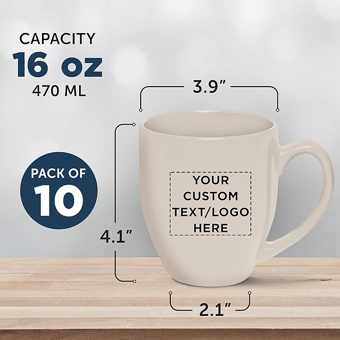 Custom Large Coffee Cups 16 oz. Set of 10, Personalized Bulk Pack - Perfect for Tea, Espresso, Cappuccino, Hot Cocoa - Grey