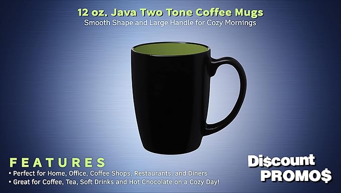 DISCOUNT PROMOS 10 Java Two Tone Coffee Mugs Set, 12 oz. - Stoneware, Durable, Easy Grip - BLACKLIME