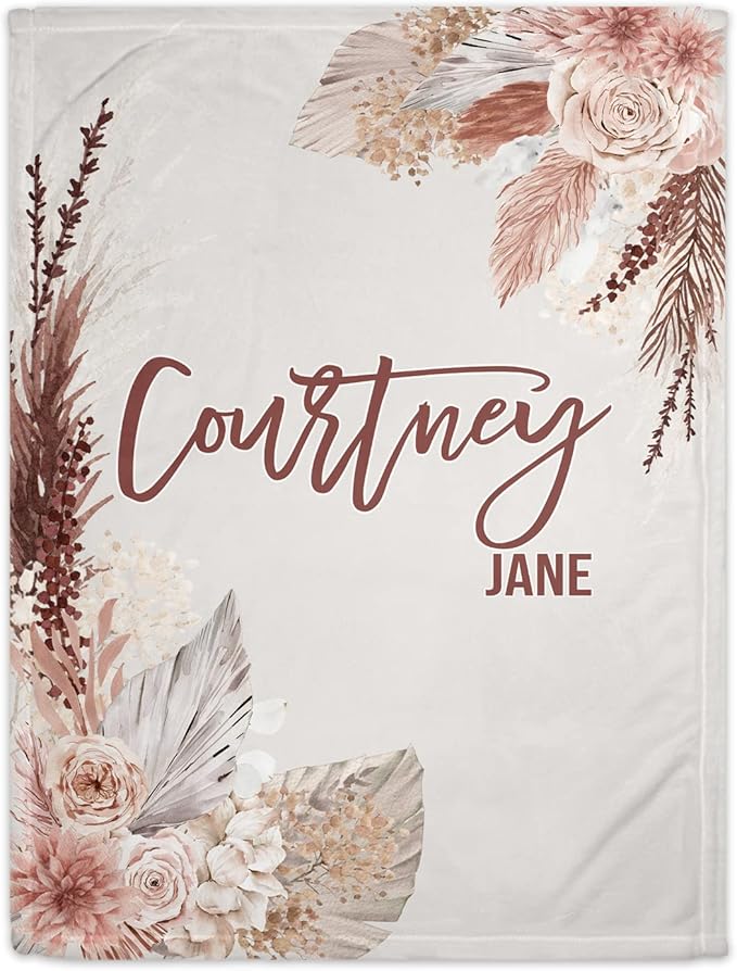 Girls Love A Monogram - Personalzied Custom Boho Floral Baby Blankets for Girls with Name Shower Gift (Beige, 30 X 40 Baby)