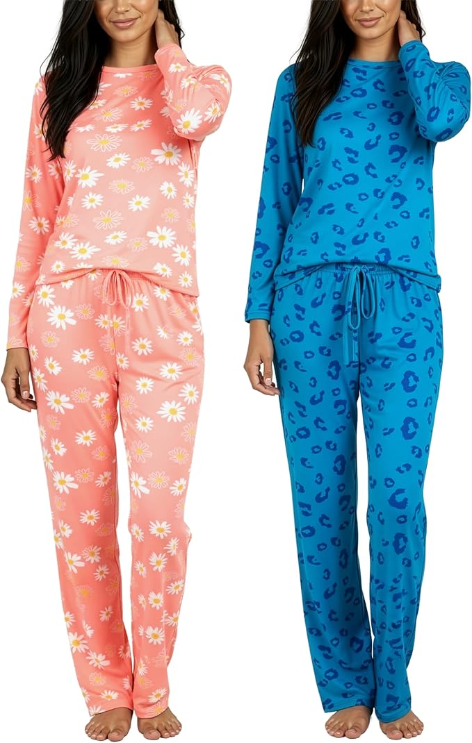 Real Essentials 2 Pack: Women's Comfy Pajama Sets - Short & Long Sleeve Ladies Loungewear Sleepwear PJs (Available In Plus)
