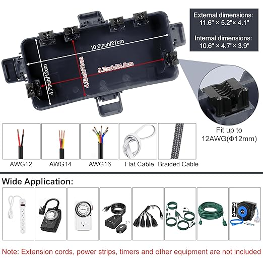 Medium Outdoor Electrical Box (11.6x5.2x4.1 inch), IP54 Waterproof Extension Cord Cover w/ 6 Cable Entry, Weatherproof Connection Box for Power Strip, Plug, Timer, Holiday Lights, Gray