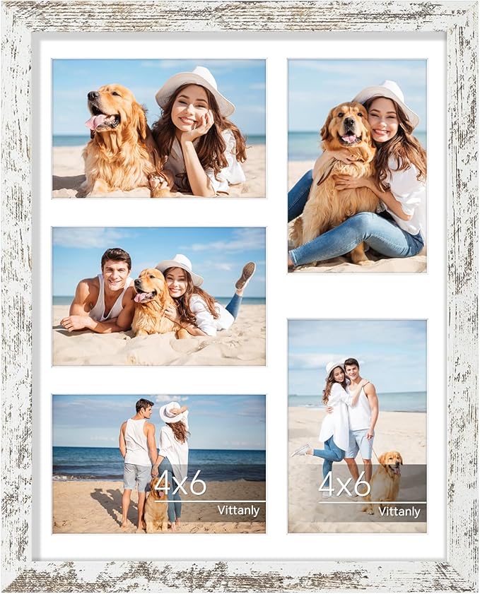 Vittanly 11x14 Collage Picture Frame, Displays 5Pcs 4x6 Pictures with Mat or 1Pcs 11x14 without Mat for Wall Mounting, Picture Frames Collage Wall Decor in Distressed White, 1 Pack