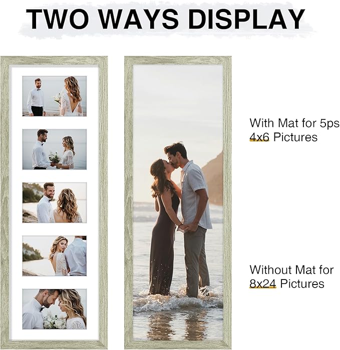 Vittanly 8x24 Collage Picture Frame, Displays 5Pcs 4x6 Pictures with Mat or 1Pcs 8x24 without Mat, Picture Frames Collage Wall Decor for Horizontal or Vertical Display, Driftwood, 1 Pack