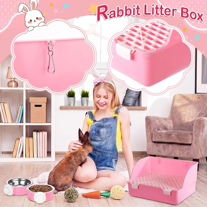 Reallnaive 15 Pcs Rabbit Starter Kit Small Rabbit Litter Box Girls Gift Animal Grooming Kit Bunny Toys Bowl Blankets with Cleaning Set for Guinea Pig Accessories(Light Pink)