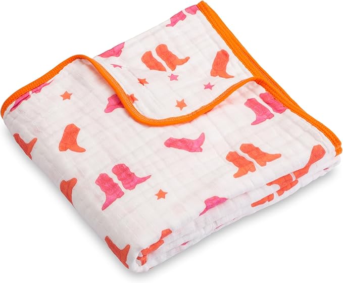 LollyBanks Muslin Baby Blanket 100% Organic Cotton, Muslin Quilt Lightweight, Western Girl Muslin Blanket, 6 Layers Baby Blankets 47"x 47", Soft Nursery Receiving Blankets (Pink Boot)