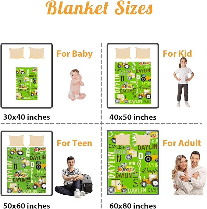 Personalized Tractors Blanket - Custom Name with Farm Tractor Trucks Design - Soft Plush Flannel Bed Blanket for Baby Kid Teen Boys Girls Customized Gifts Bright Green